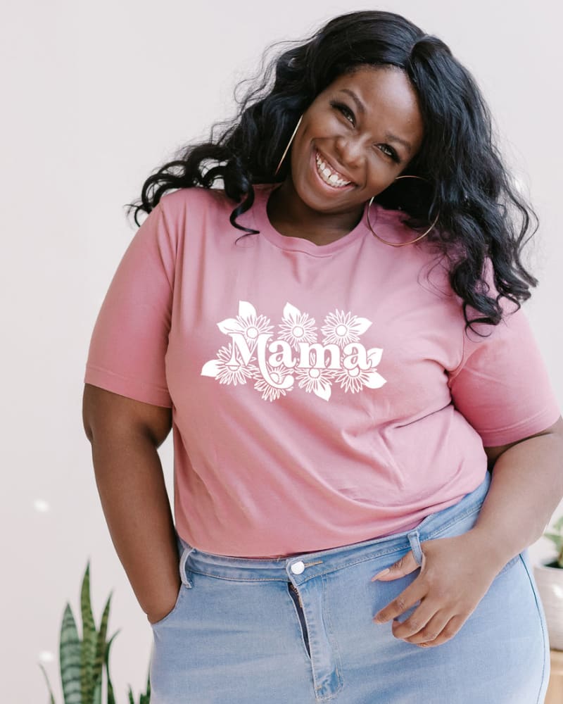 Front of a model wearing a size 2XL Mama Sunflowers Short Sleeve Graphic Tee in Mauve by Simply Sage Market. | dia_product_style_image_id:284244